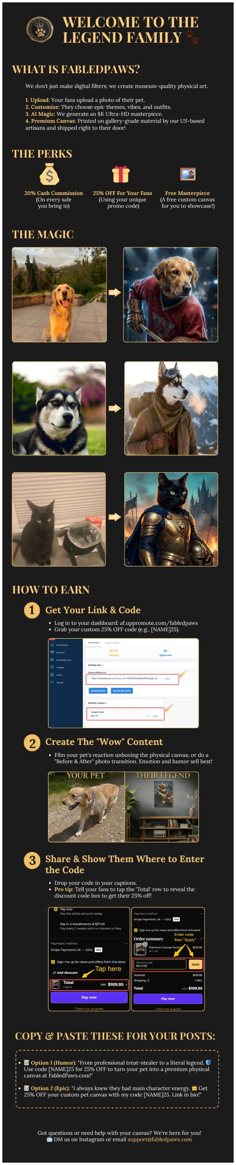 Fabled Paws Partner Program onboarding guide — earn 20% commission sharing custom digital pet portraits with your audience